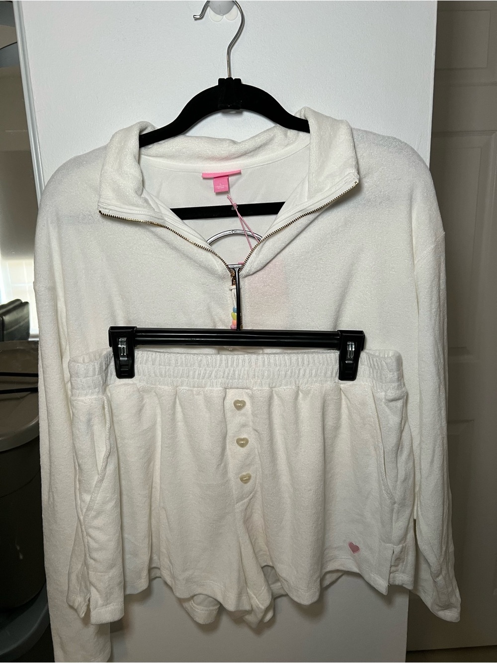 Stoney Clover Lane White Terry Half-Zip Sweater & Short Set